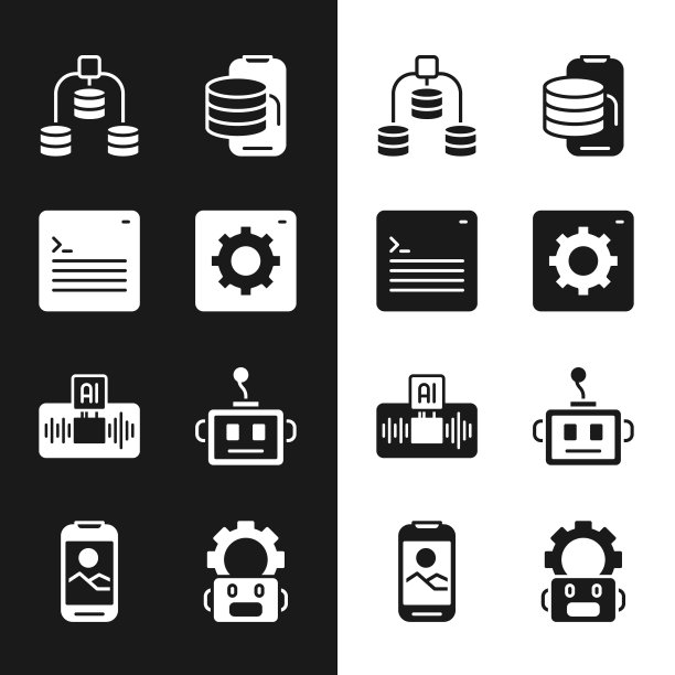 设置计算机api接口，Web开发人员编程代码，服务器，数据，云技术数据传输，人工智能AI，机器人，机器人设置和手机图标。向量图片下载