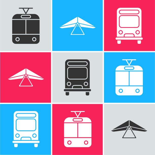 设置有轨电车和铁路，悬挂滑翔机和公共汽车图标。向量图片下载