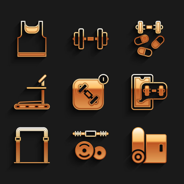 设置健身应用程序，杠铃，垫滚，运动单杠，跑步机，运动兴奋剂与哑铃和无袖t恤图标。向量图片下载