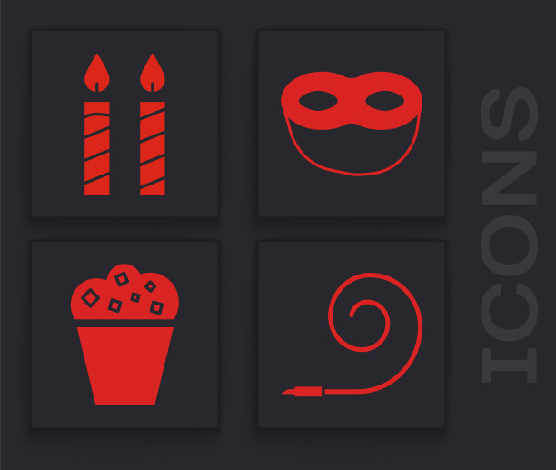 设置生日派对喇叭，生日蛋糕蜡烛，节日面具和爆米花在纸箱图标。向量图片下载