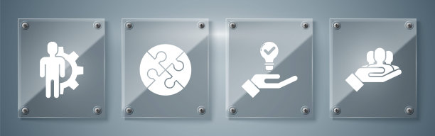 设置项目团队基地，灯泡在手，一块拼图和人与齿轮在里面。方形玻璃面板。向量图片下载