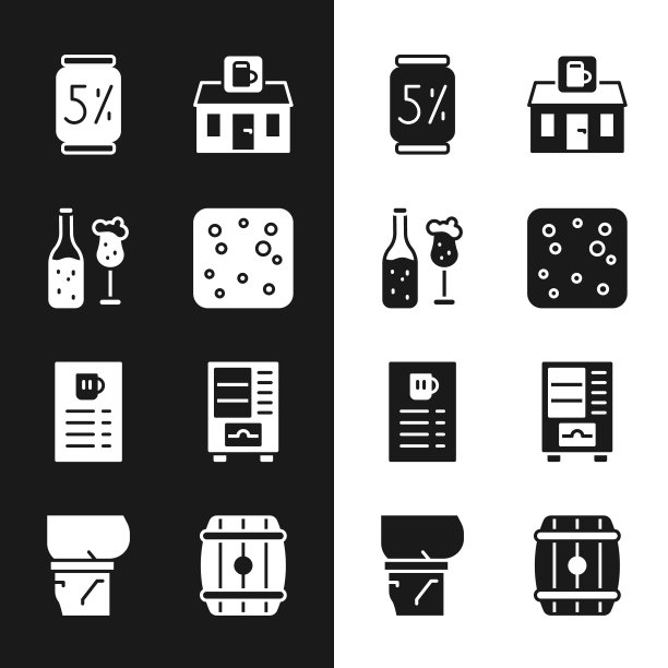 设置啤酒气泡，瓶子和玻璃，罐头，啤酒店的商店建筑，菜单，自动售货机，木桶和肚皮图标。向量图片下载