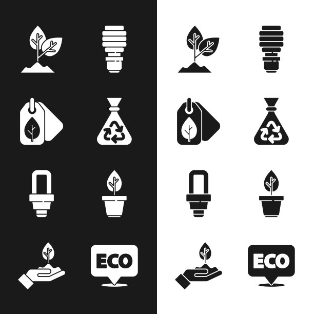 可回收垃圾袋，标签叶，植物，LED灯泡，在锅，生态健康食品标签和手图标。向量图片下载