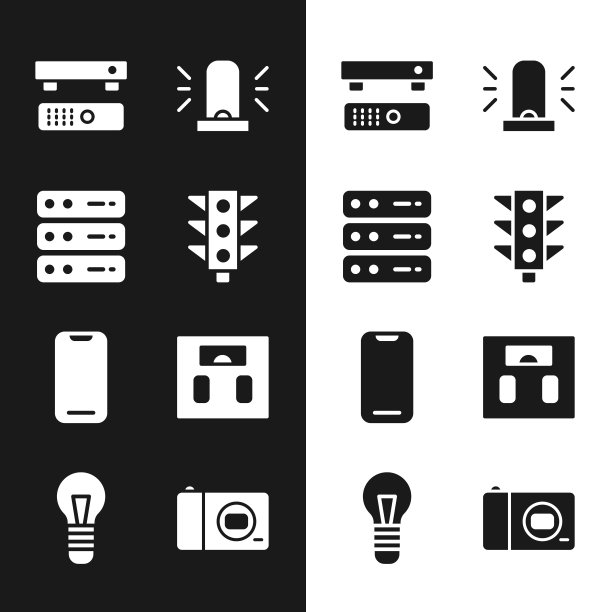 设置交通灯，服务器，数据，网络主机，多媒体和电视盒，闪光警报器，智能手机，浴室秤，照片相机和灯泡图标。向量图片下载