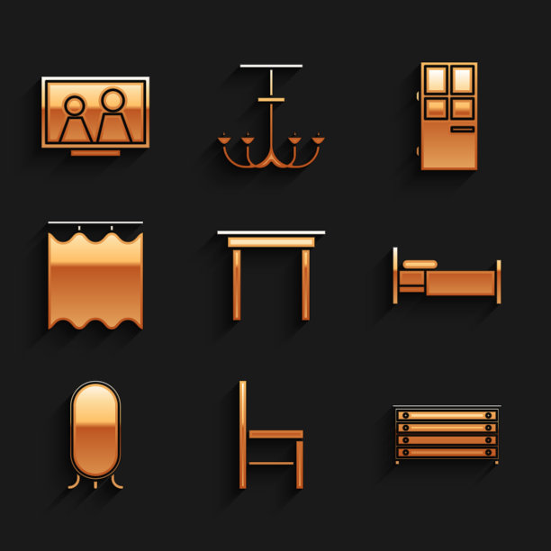 设置木桌，椅子，抽屉柜，床，大全长镜子，窗帘，关闭的门和相框图标。向量图片下载