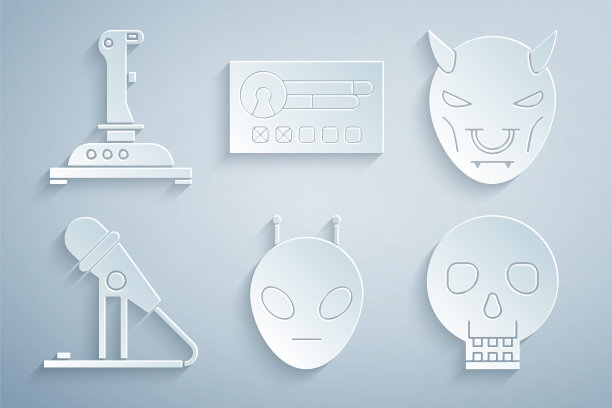 设置外星人，面具的魔鬼与角，麦克风，头骨，创建帐户屏幕和摇杆为街机图标。向量图片下载