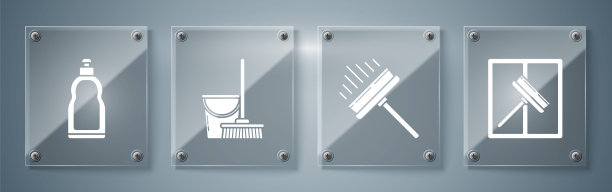 设置清洁胶、刮板、刮水器、清洁胶、刮板、刮水器、拖把、水桶和液体洗洁精塑料瓶。方形玻璃面板。向量图片下载