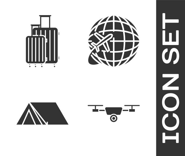 设置无人机飞行与行动摄像机，旅行箱，旅游帐篷和全球与飞行的飞机图标。向量图片下载