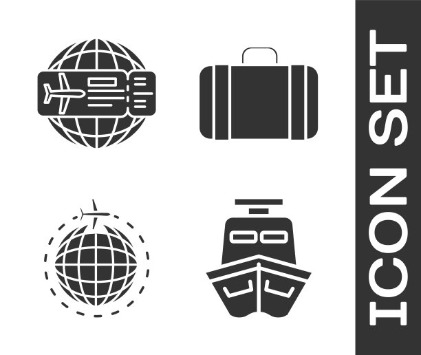 集船，机票，全球与飞行飞机和行李箱为旅游图标。向量图片下载
