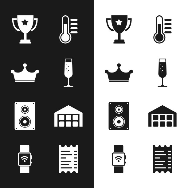 香槟杯，皇冠，奖杯杯，温度计，立体声扬声器和仓库图标。向量图片下载