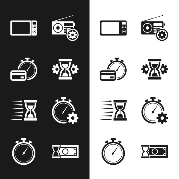 设置沙漏设置，快速支付，微波炉，收音机，旧沙漏与沙子和时间管理图标。向量图片下载