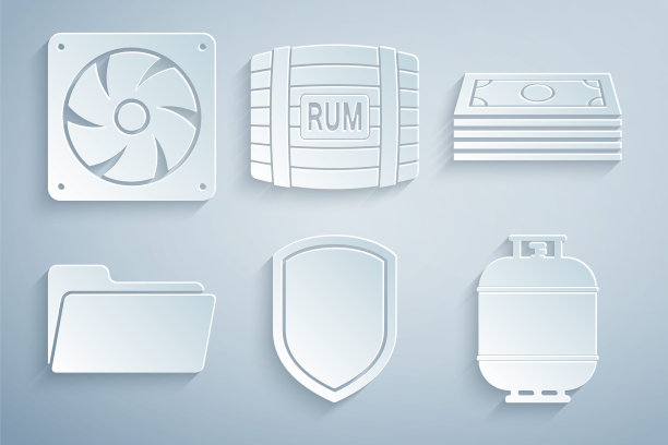 设置盾牌，堆叠纸币现金，文件夹，丙烷气罐，木桶与朗姆酒和电脑冷却器图标。向量图片下载