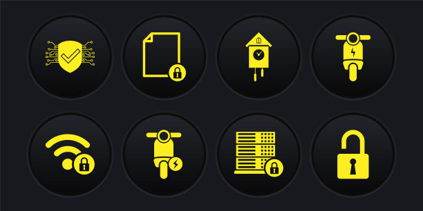 设置Wifi锁定，电动滑板车，服务器安全与，复古墙壁手表和文件和图标。向量图片下载