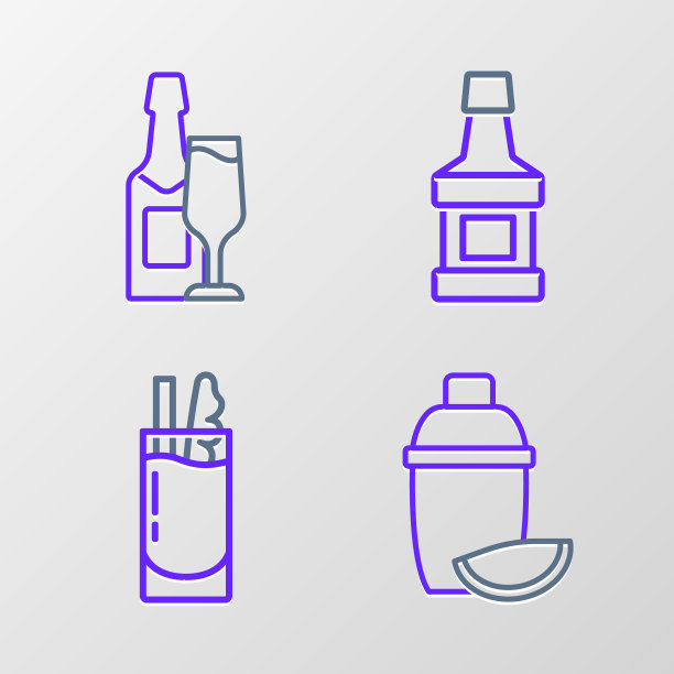 设定线鸡尾酒摇瓶与莱姆，血腥玛丽，威士忌瓶和香槟和玻璃图标。向量图片下载