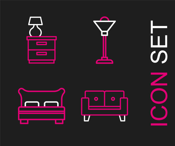 设置线条沙发，大床，落地灯和家具床头柜与图标。向量图片下载
