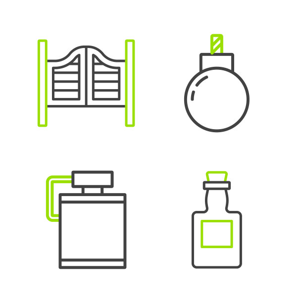 设置线龙舌兰瓶，食堂水，炸弹准备爆炸和沙龙门图标。向量图片下载