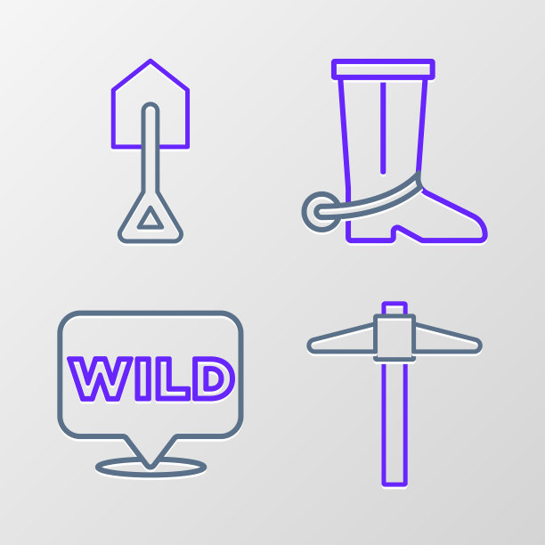 设置线鹤嘴锄，指针到狂野西部，牛仔靴和铲子图标。向量图片下载