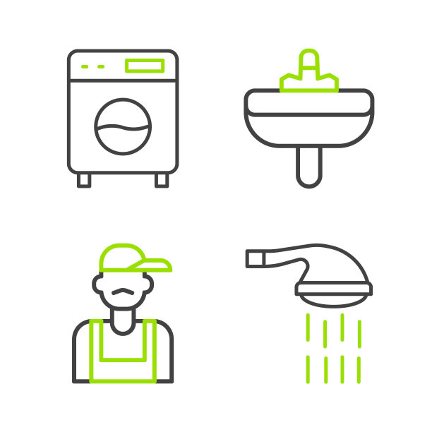 设置线淋浴，水管工，脸盆和洗衣机图标。向量图片下载