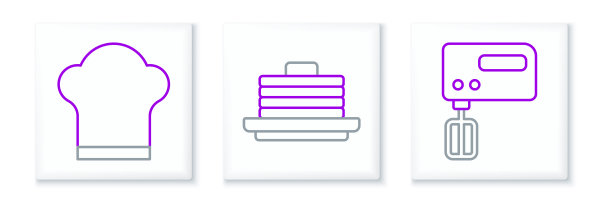 设置线电动搅拌机，厨师帽子和煎饼图标堆栈。向量图片下载