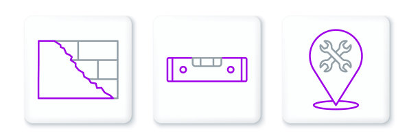 用扳手设置线位置，砖和建筑气泡水平图标。向量图片下载