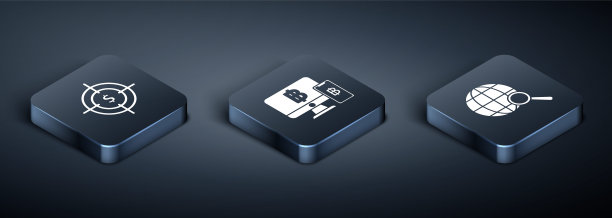 等距目标与美元符号，放大镜与地球仪和电脑显示器与手机和比特币图标。向量图片下载