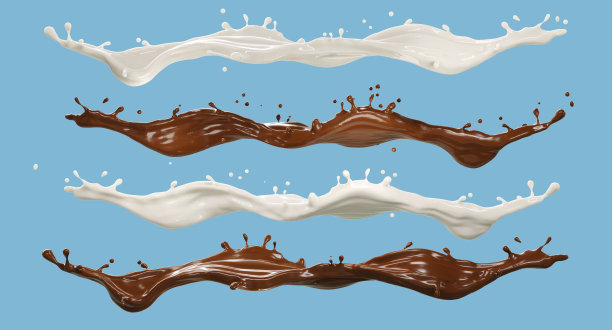 抽象的美丽形状牛奶或酸奶和巧克力液体飞溅隔离在蓝色背景。3 d渲染。剪裁部分图片下载