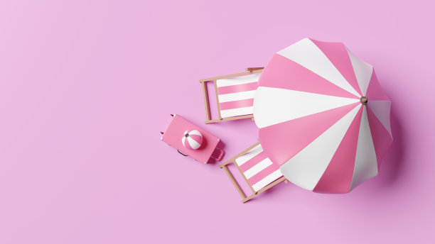 夏季旅行带着行李箱，沙滩椅，雨伞，粉红色背景上孤立的球。概念3d插图，3d渲染图片下载