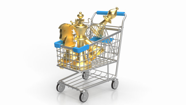 在白色背景3d渲染购物车的黄金象棋图片下载
