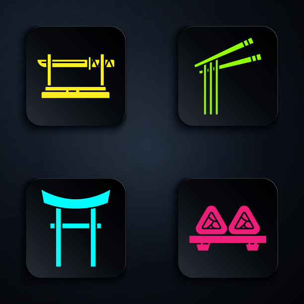 寿司在砧板上，传统日本武士刀，日本门和亚洲面条和筷子。黑色方形按钮。向量图片下载