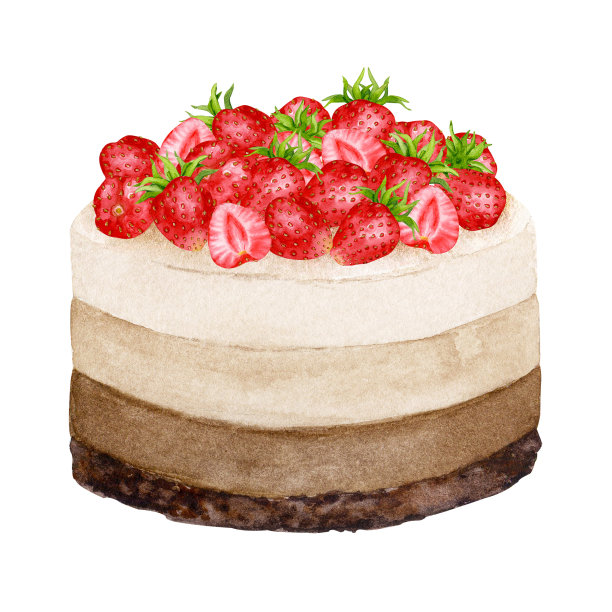 草莓装饰的巧克力蛋糕。水彩节日剪纸设计的明信片，贺卡，邀请，菜单，标志，织物印花。婚礼、生日、周年纪念设计。图片下载