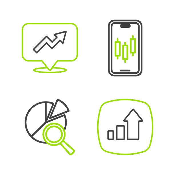 设置线上金融增长，搜索数据分析，移动股票交易和图标。向量图片下载