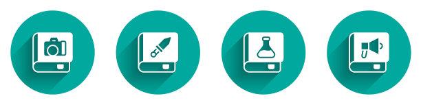 集相册画廊，书关于武器，化学书和图标长阴影。向量图片下载