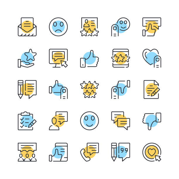 客户反馈线图标。一组喜欢的图标。黑色、蓝色和黄色。现代线性轮廓图形设计。矢量线图标集图片下载
