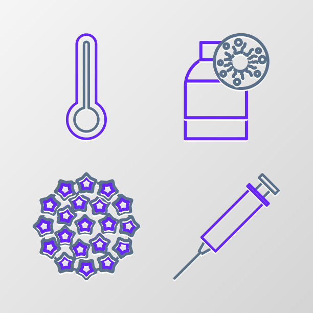 设置线注射器，病毒，瓶病毒和医疗温度计图标。向量图片下载