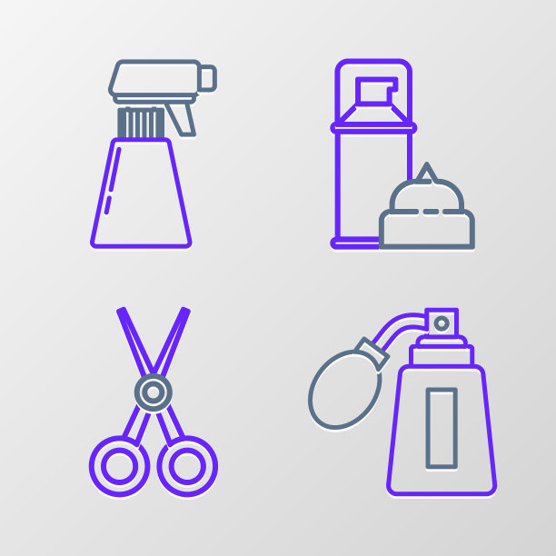 设置线须后瓶与雾化器，剪刀理发师，剃须凝胶泡沫和理发师手枪喷雾图标。向量图片下载
