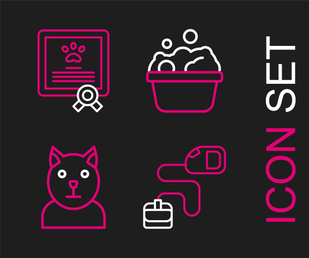 设置线可伸缩绳绳，猫，宠物浴和证书的狗猫图标。向量图片下载