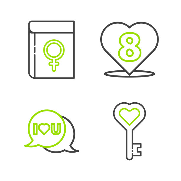 设置线键在心形，演讲气泡与我爱你，心8三月和书关于女性图标。向量图片下载