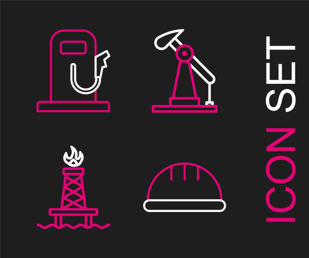 设置线工人安全帽，石油钻机与火灾，泵泵千斤顶和汽油加油站图标。向量图片下载