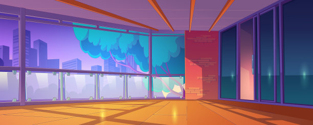 空旷的家庭阳台内与城市景观在黎明图片下载