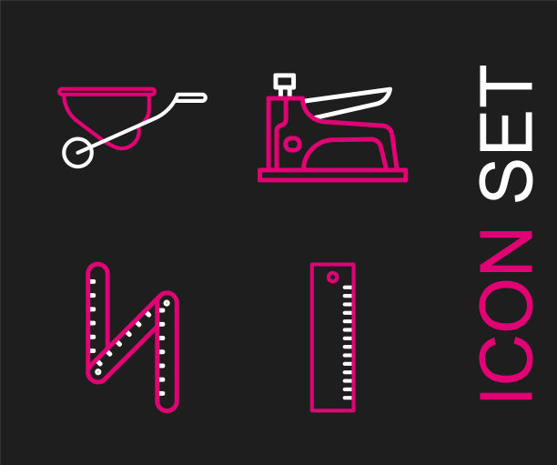 设置线尺，折叠尺，施工订书机和手推车图标。向量图片下载