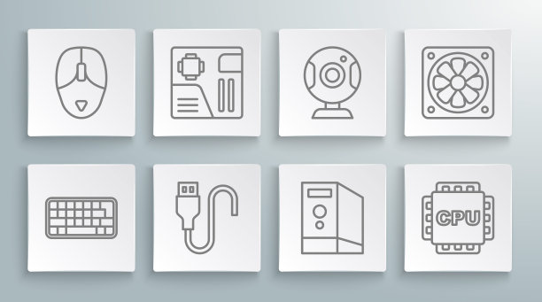 设置线路键盘，主板数字芯片，USB数据线，电脑机箱，CPU处理器，网络摄像头，电脑冷却器和鼠标图标。向量图片下载