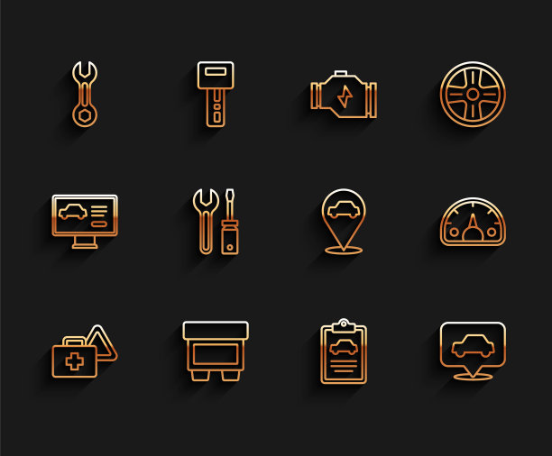 设置线路急救箱和警告三角，保险丝，扳手扳手，汽车检查，服务，螺丝刀扳手，速度计和位置与汽车图标。向量图片下载