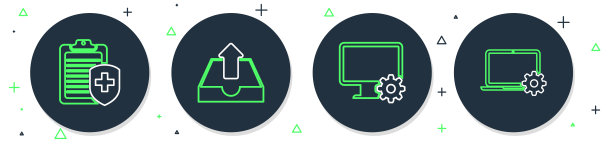 设置线上传收件箱，电脑显示器和齿轮，剪贴板与医疗保险和笔记本电脑图标。向量图片下载