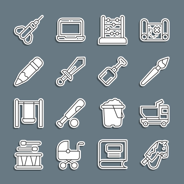 集线玩具马，卡车，油漆刷，算盘，剑玩具，铅笔与橡皮擦，箭和铲子图标。向量图片下载