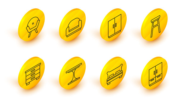 系列衣柜，大床，圆桌，家具床头柜，椅子，扶手椅和图标。向量图片下载