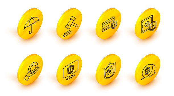 设置线位置盾牌，房子与，救生圈在手，保险箱，信用卡，法官木槌和雨伞图标。向量图片下载