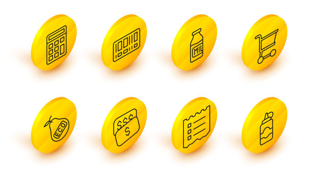 集线酱瓶，购物清单，新的价格标签美元，健康有机梨，推车，瓶与牛奶，条形码和计算器图标。向量图片下载