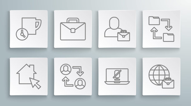 设置线上工作，公文包，项目团队基地，静音麦克风笔记本电脑，自由职业者，云存储文档文件夹和时间管理图标。向量图片下载