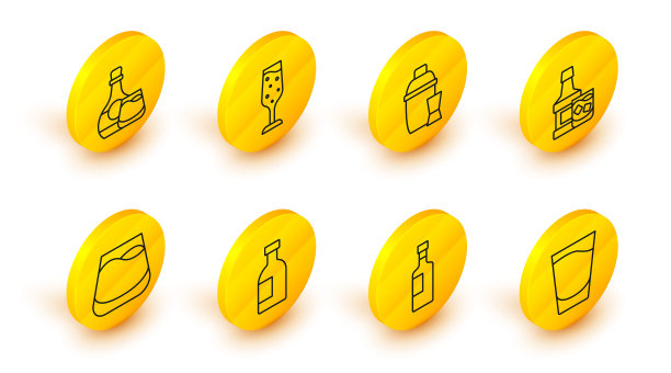 套装系列小酒杯，酒瓶，伏特加，威士忌，威士忌和，鸡尾酒调酒器，香槟和图标。向量图片下载