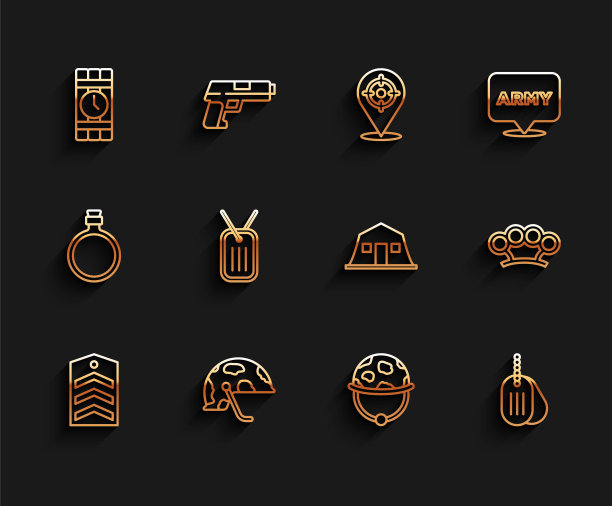 设定线雪佛龙，军事头盔，炸药和定时器时钟，狗标签，黄铜指关节和兵营图标。向量图片下载